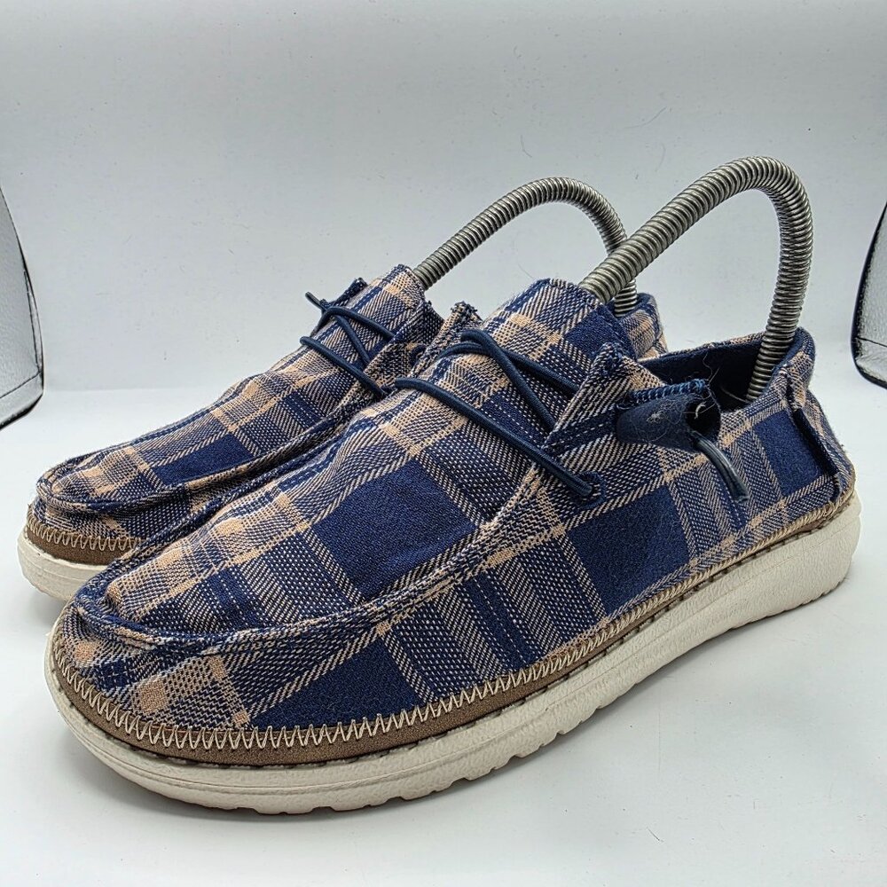 Hey Dude Wendy Tartan Blue Beige Womens Size 7 Shoes Casual Walking Comfort - Picture 4 of 13